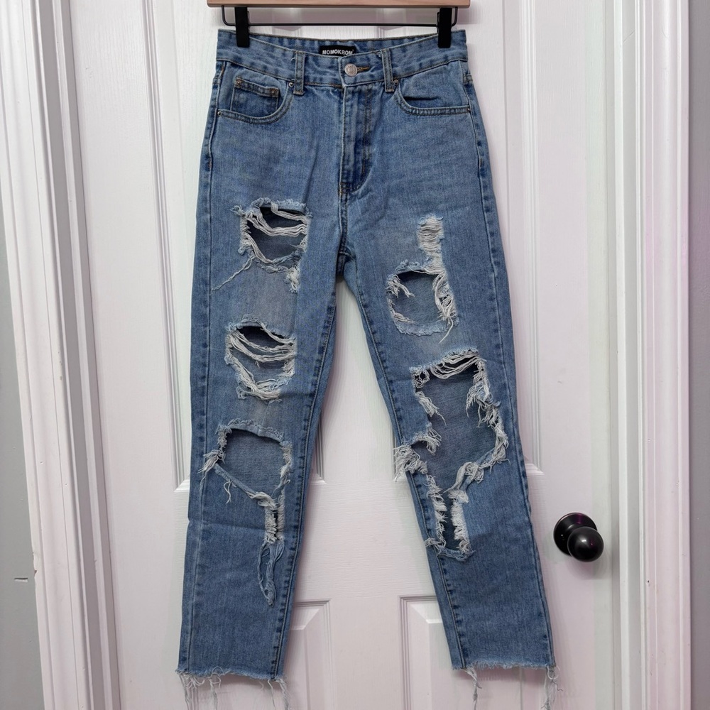 Distressed Raw-Hem Mom Jeans | Momokrom Size 2 (XS)